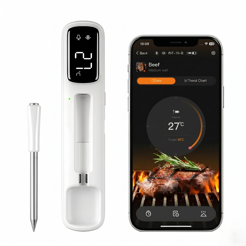 Alphinea wireless meat thermometer, charging case, and smartphone app displaying real-time cooking temperatures and smart culinary presets for grilling steak.