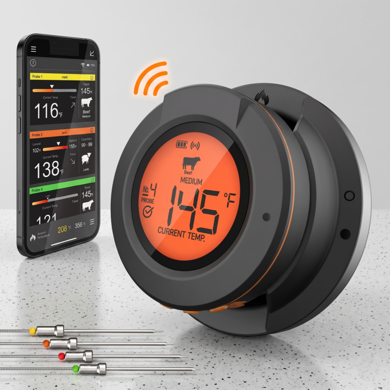 Alphinea wireless smart meat thermometer featuring a digital hub displaying 145 degrees, the companion smartphone app interface, and four high-precision probes.