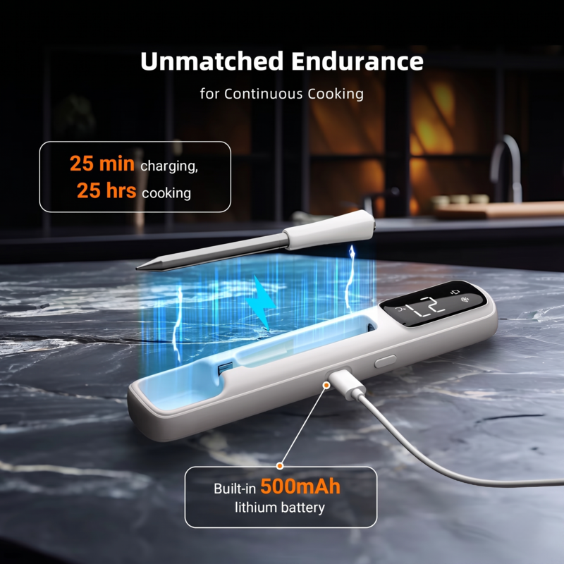 Alphinea wireless meat thermometer in its charging case, highlighting 25 hours of continuous cooking and unmatched endurance for low-and-slow BBQ sessions.