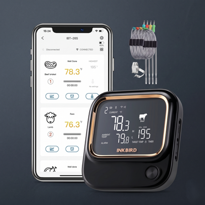 Die Smartphone-Oberfläche der Alphinea-App zeigt die Temperaturüberwachung in Echtzeit zusammen mit dem drahtlosen Thermometer und den Sonden an.
