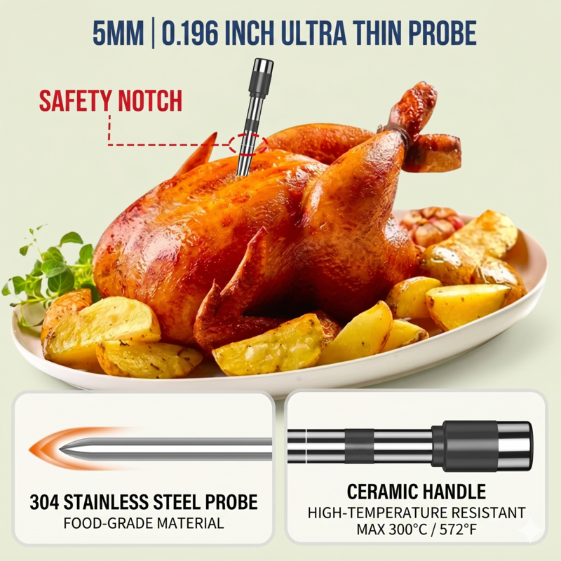 Alphinea ultra-thin 5mm wireless probe inserted to the safety notch in a whole roasted chicken, designed to ensure maximum succulence without dryness.