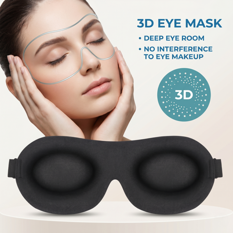 Woman demonstrating the Alphinea 3D sleep mask's deep-molded eye chambers, allowing for zero pressure on the eyelids, free blinking, and no interference with eyelashes or makeup.