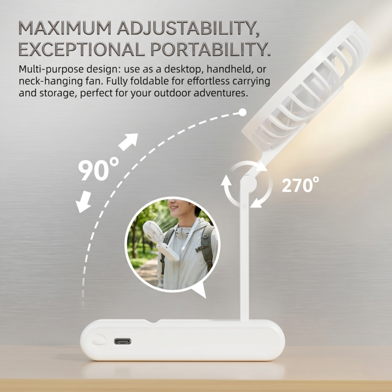 Technical view showing the 90-degree and 270-degree folding capability of the Alphinea mini fan for maximum portability and storage.