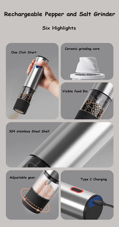 Electric Salt and Pepper Grinder Automatic Rechargeable Pepper Mill Shakers Adjustable Coarseness Kitchen Appliances Alphinea Store