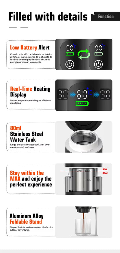 Wireless Electric Portable Espresso Coffee Machine for Car & Home Camping Coffee Maker 3-in-1 Capsule Powder Travel Coffee Maker Alphinea Store