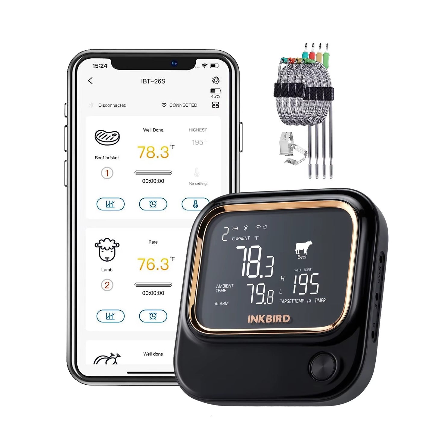 INKBIRD WiFi Bluetooth BBQ Thermometer with 4 Probes APP Remote Controlled Household Kitchen Meat Thermometer Alphinea Store