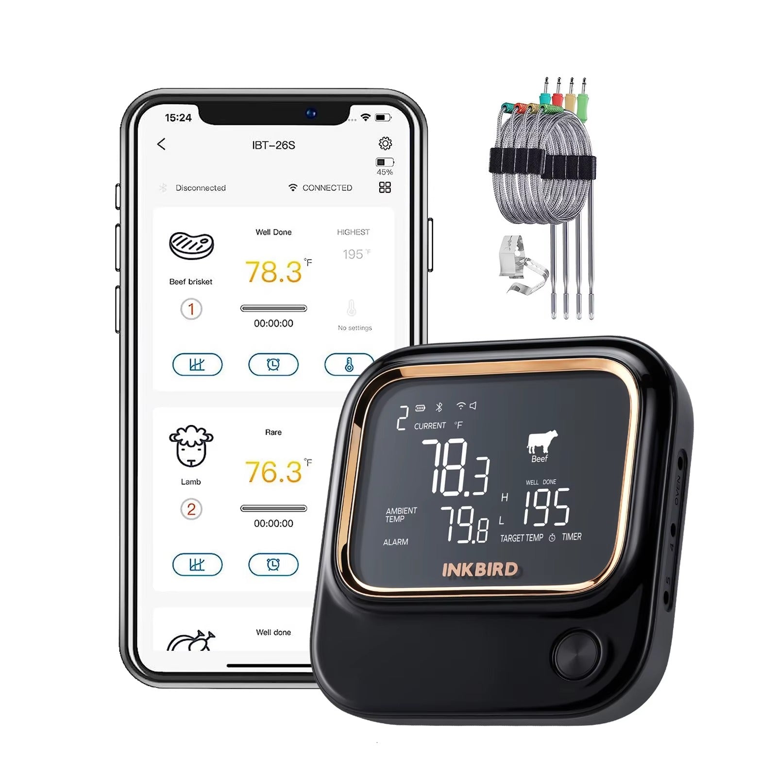 INKBIRD WiFi Bluetooth BBQ Thermometer with 4 Probes APP Remote Controlled Household Kitchen Meat Thermometer Alphinea Store