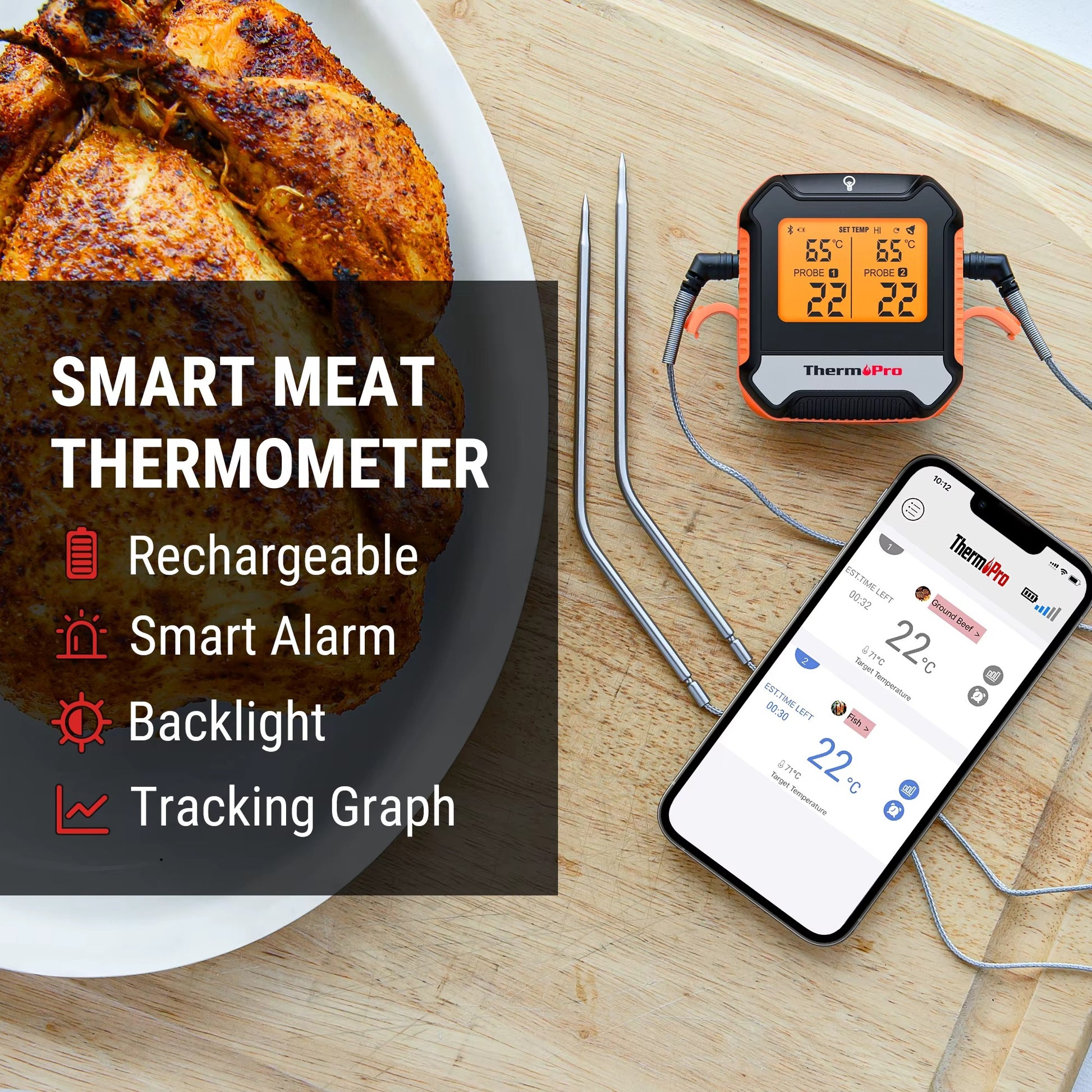 ThermoPro TP904 Bluetooth-connected APP Wireless 135M Dual Probes Digital Meat Thermometer, Kitchen Thermometer with Alarm Timer Alphinea Store
