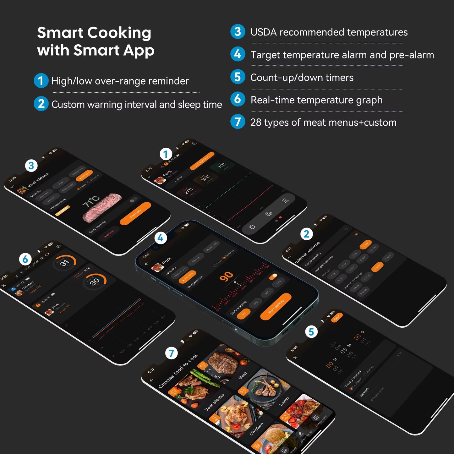 Smart Beef Meat Thermometer Wireless Bluetooth BBQ Thermometer with Long&Short Probes Precision Food Temp Gauge for Cooking Alphinea Store