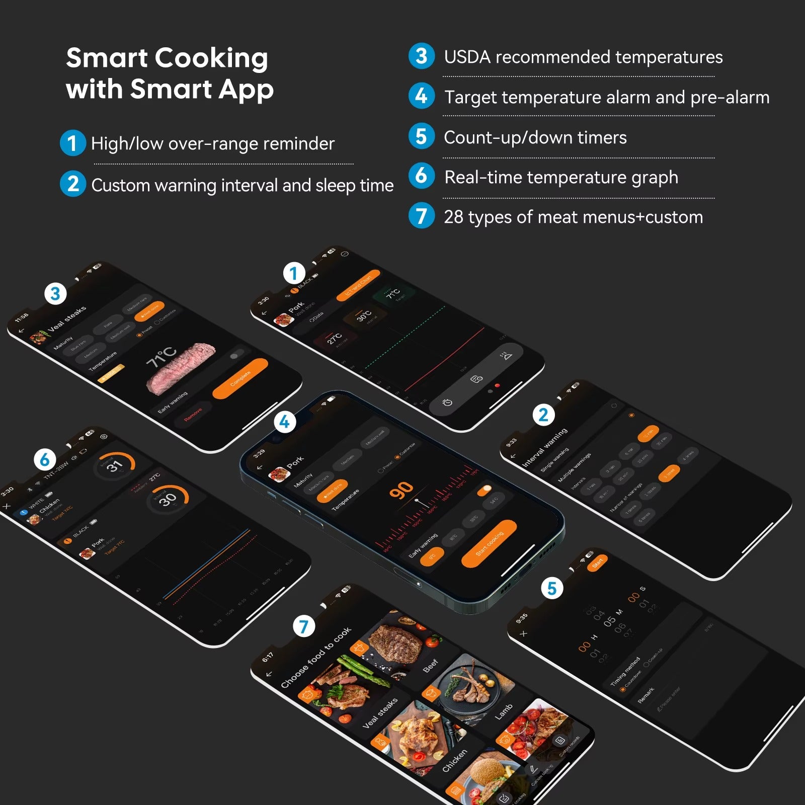 Smart Beef Meat Thermometer Wireless Bluetooth BBQ Thermometer with Long&Short Probes Precision Food Temp Gauge for Cooking Alphinea Store