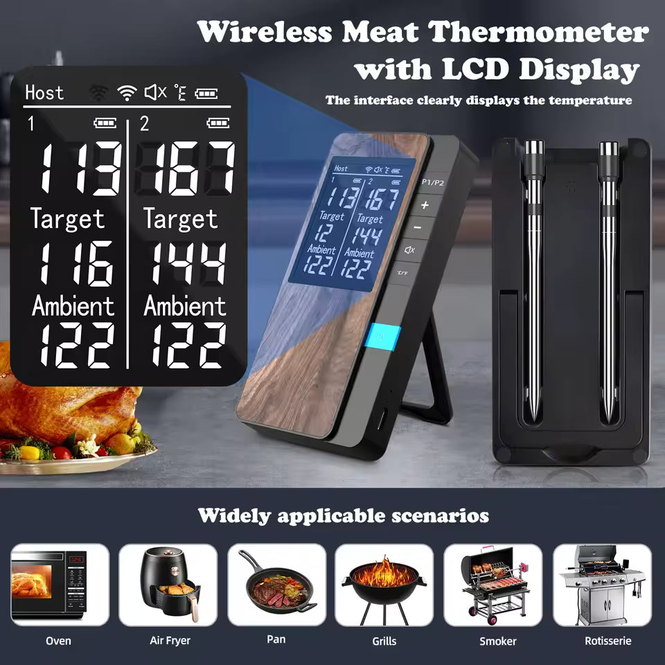 Wireless Meat Thermometer Digital Bluetooth Probe Thermometer Rechargeable with LCD Screen & Mobile APP for BBQ Oven Rotisserie Alphinea Store