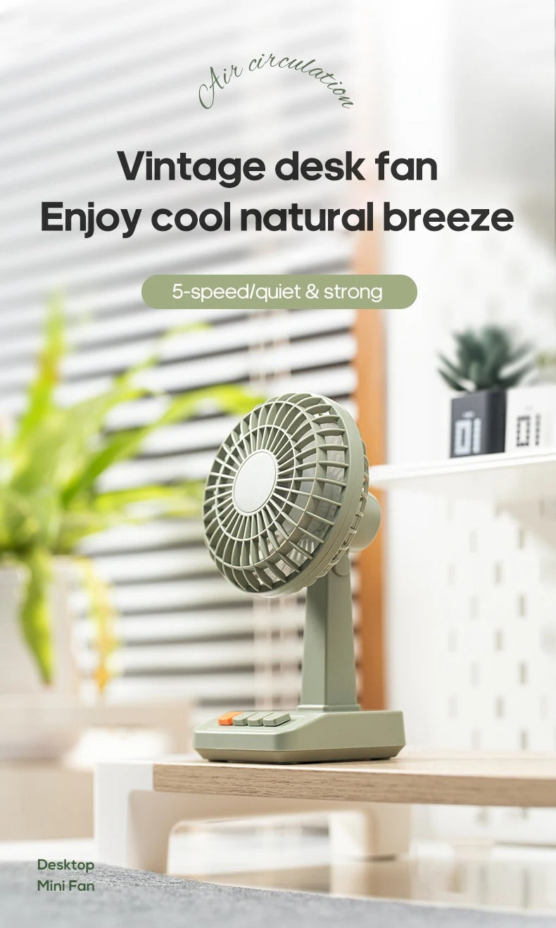 Vintage Desktop Fan 2000mAh 90° tilt Adjustable Mini Rechargeable Fan 5 Gear Speed for Home/Office/Student/Gift Alphinea Store