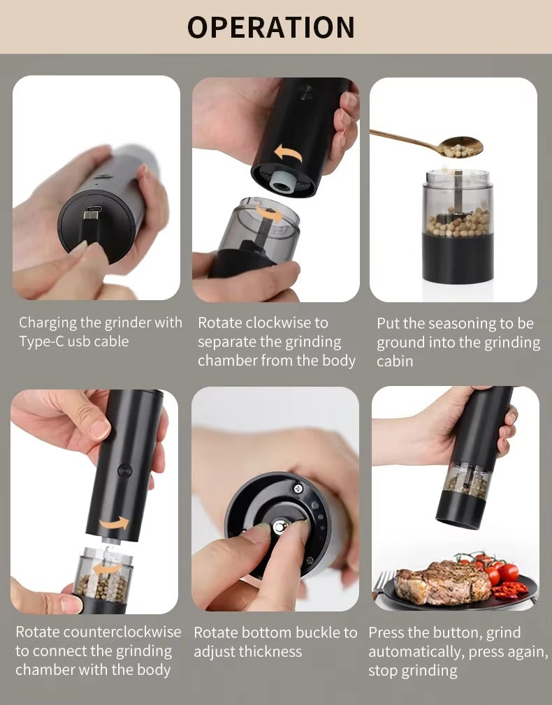 USB Rechargeable Electric Salt and Pepper Grinder Adjustable Coarseness Large Capacity Auto Spices Grinders Kitchen Cooking Tool Alphinea Store