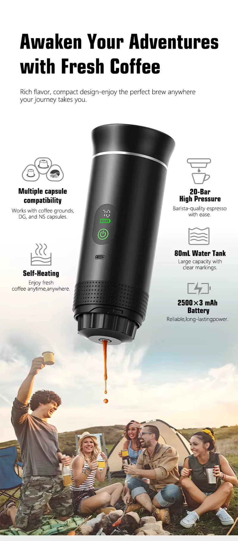 Wireless Electric Portable Espresso Coffee Machine for Car & Home Camping Coffee Maker 3-in-1 Capsule Powder Travel Coffee Maker Alphinea Store