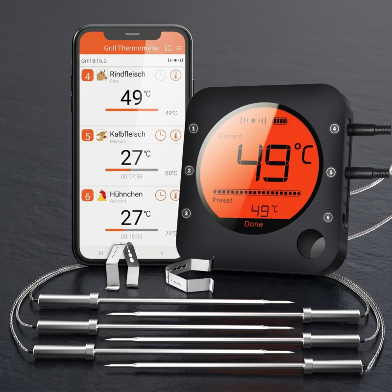 Alphinea Bluetooth grilling thermometer device next to a smartphone showing the companion tracking app and Six stainless steel meat probes.