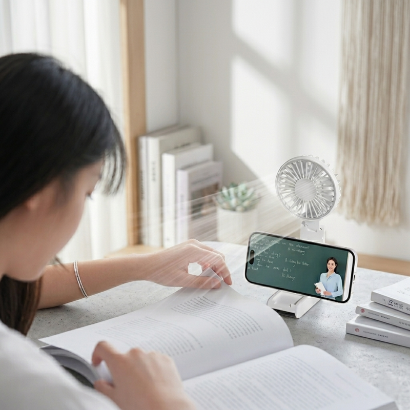 A student using the Alphinea foldable desk fan as a phone stand while reading, demonstrating its dual-purpose utility for hands-free video watching and cooling.